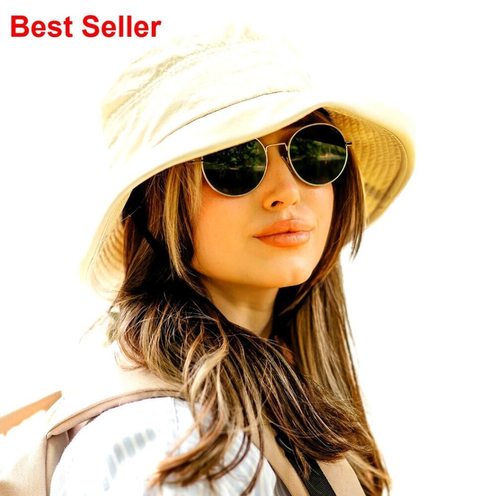Wide Brim Bucket Sun Hat with Ponytail Hole UPF 50 Packable